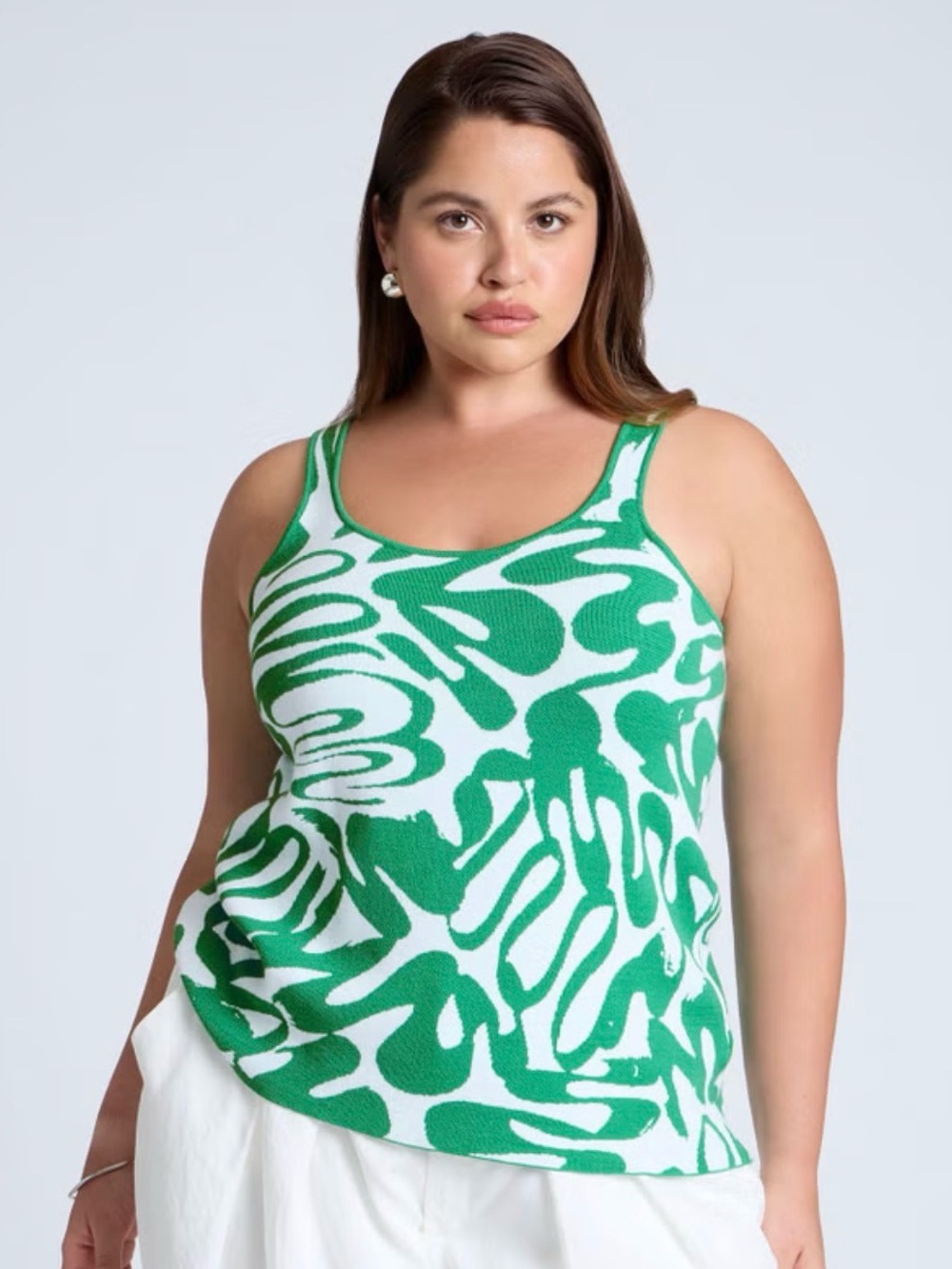 Eloquii White and Green Abstract Scoop Neck Tank